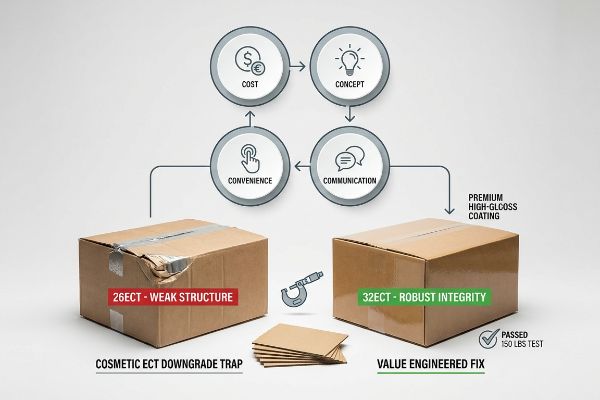 Damaged 26ECT Weak Structure box contrasts 32ECT Robust Integrity with Premium High-Gloss Coating, passing 150 lbs test. The 4 C's.