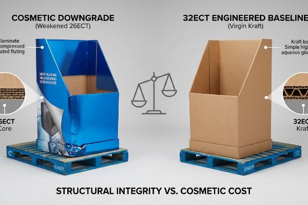 A buckled 26ECT Cosmetic Downgrade display with foil laminate on a CHEP pallet, contrasted with a stable 32ECT Engineered Baseline virgin kraft display.