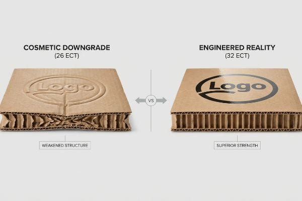 Weakened 26 ECT Cosmetic Downgrade corrugated board vs. superior 32 ECT Engineered Reality with glossy printed Logo.