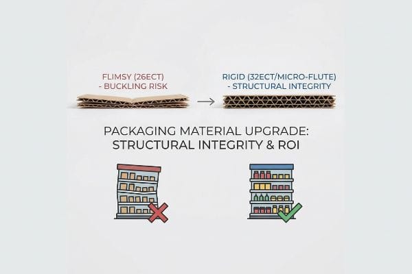 Corrugated cardboard comparison: Flimsy 26ECT Buckling Risk vs. Rigid 32ECT Micro-Flute Structural Integrity, showing packaging upgrade for retail shelf stability.