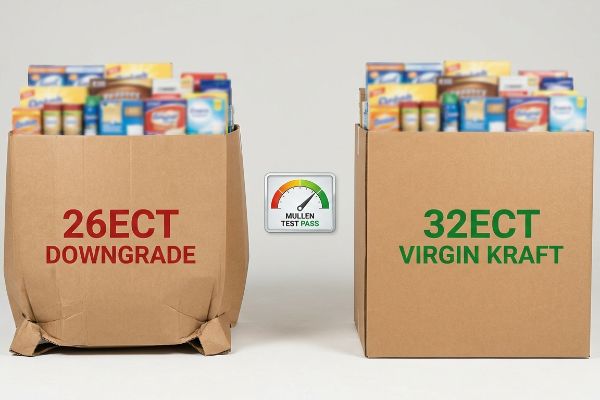 A sagged 26ECT Downgrade corrugated bin contrasted with a sturdy 32ECT Virgin Kraft box, featuring a Mullen Test Pass gauge.