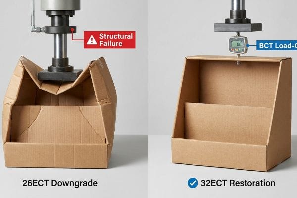 Brown corrugated cardboard boxes under compression testing, showing a 26ECT Downgrade with Structural Failure next to a stable 32ECT Restoration with BCT Load-Cell.