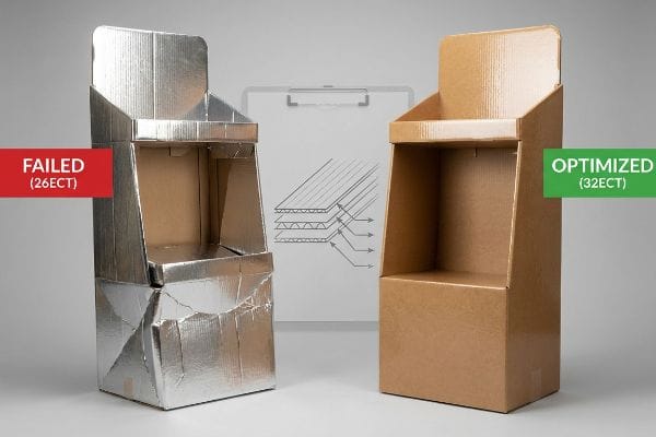 Silver foil-laminated display, labeled Failed (26ECT), shows severe crushing next to a sturdy brown Optimized (32ECT) corrugated board unit.