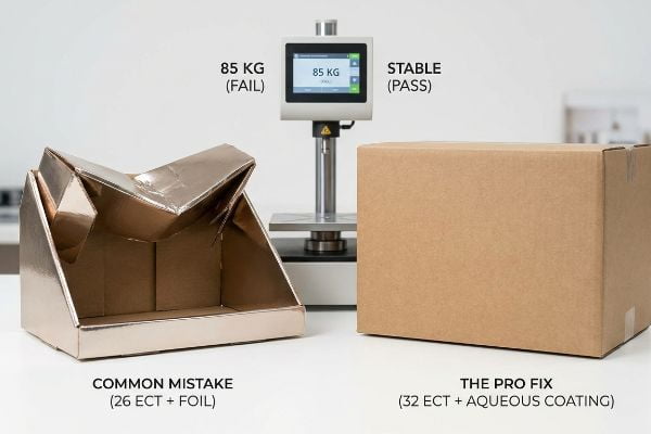 Collapsed 26 ECT foil packaging, a Common Mistake, fails 85 kg compression, contrasted with a stable 32 ECT aqueous coated box, The Pro Fix, passing.
