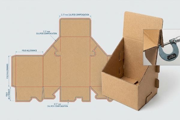 Corrugated display dieline showing 3.17 mm Caliper Compensation and Fold Allowance, with an assembled box and micrometer measuring board thickness.