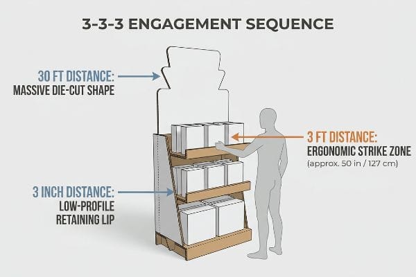 Retail display illustrates 3-3-3 Engagement Sequence with Massive Die-Cut Shape, Ergonomic Strike Zone, Low-Profile Retaining Lip.
