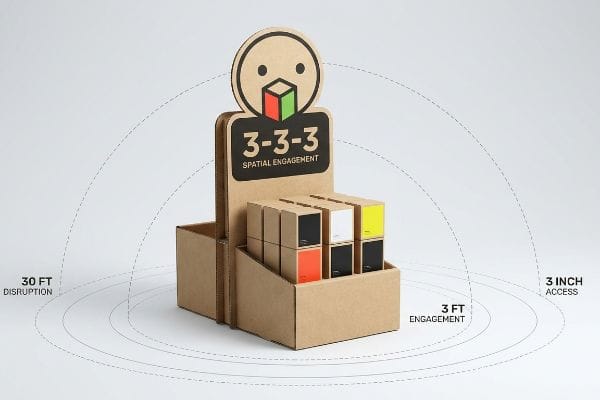 Un expositor de cartón corrugado marrón ilustra el Continuo de Interacción Espacial 3-3-3 con cajas de productos, que muestran zonas de Interrupción de 30 pies, Interacción de 3 pies y Acceso de 3 pulgadas.
