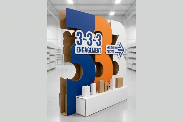 Corrugated die-cut 3-3-3 display with '3-3-3 Engagement' and 'Ergonomic Access' text, featuring small product boxes.