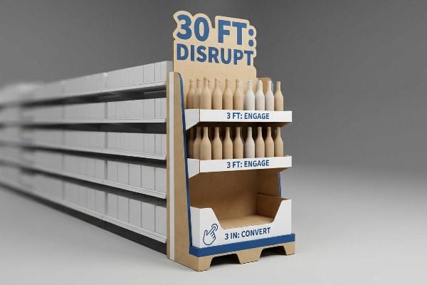 Cardboard end cap display demonstrating the 3-3-3 engagement framework: "30 Ft: Disrupt", "3 Ft: Engage", "3 In: Convert", holding unbranded bottles in a retail aisle.