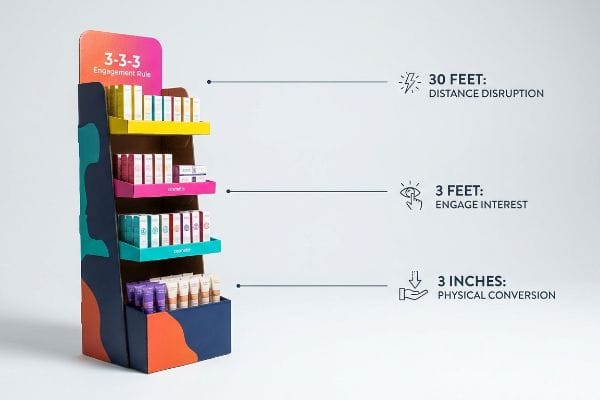 Colorful multi-shelf retail display shows 3-3-3 Engagement Rule: 30 Feet, 3 Feet, 3 Inches, with cosmetic products.