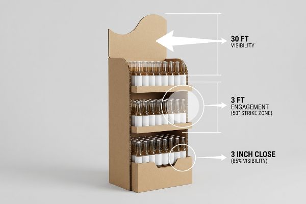 Cardboard display shows 3-3-3 Spatial Engagement Rule: 30 Ft Visibility, 3 Ft Engagement (50 Strike Zone), 3 Inch Close (85 Visibility).