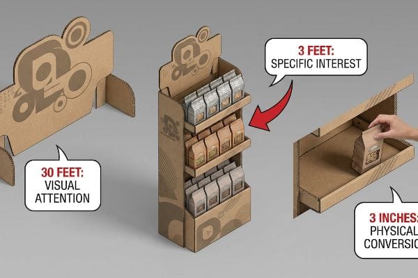 Corrugated cardboard retail display illustrating the 3-3-3 spatial engagement rule: Visual Attention at 30 Feet, Specific Interest at 3 Feet, and Physical Conversion at 3 Inches, stocked with product bags.