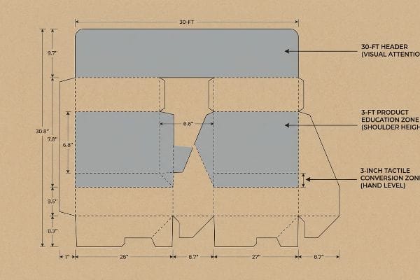 Kraft paper die-cut template for a retail display, showing 30-Foot Header, 3-Foot Product Education, and 3-Inch Tactile Conversion Zones with dimensions.