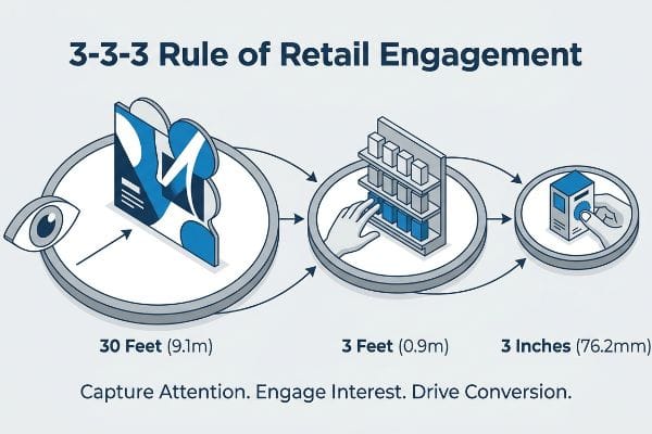 Illustrative diagram of the 3-3-3 Rule of Retail Engagement, showing customer journey stages: 30 Feet (Capture Attention), 3 Feet (Engage Interest), 3 Inches (Drive Conversion).