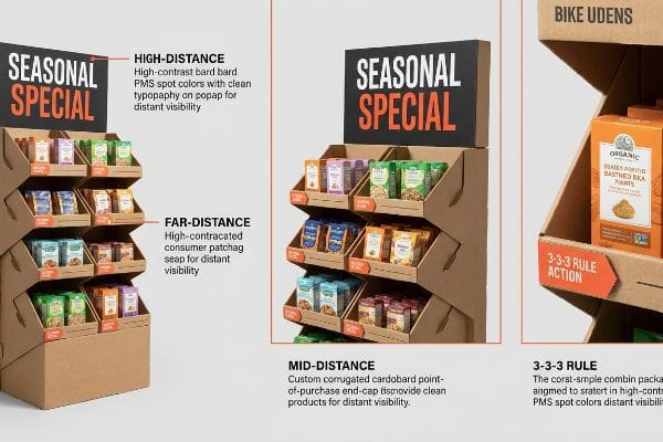 3-3-3 Rule Display Corrugated end-cap display demonstrates 3-3-3 Rule: High, Far, Mid-Distance. 'Seasonal Special' header.
