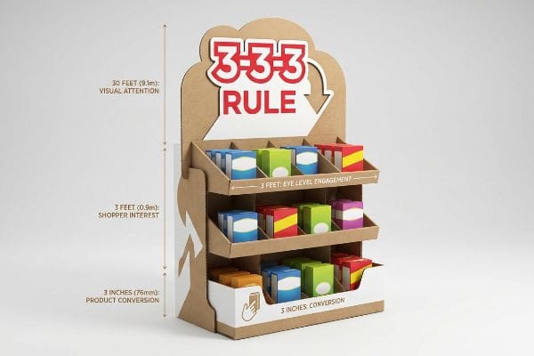 Cardboard display illustrating 3-3-3 Rule: 30ft Visual Attention, 3ft Shopper Interest, 3in Product Conversion.