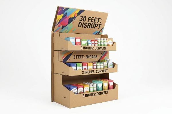 Cardboard three-tier retail display with '30 Feet: Disrupt', '3 Feet: Engage', '3 Inches: Convert' messaging, colorful header, and diverse products.