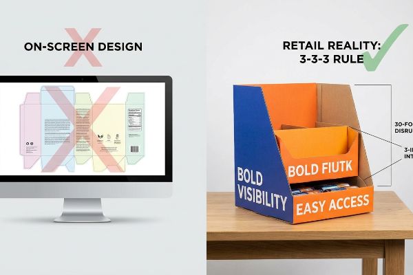 Corrugated retail display shows 3-3-3 Rule, Bold Visibility, Easy Access, 30-Foot Disruption, 3-Inch Interaction. Contrasts flat dieline.