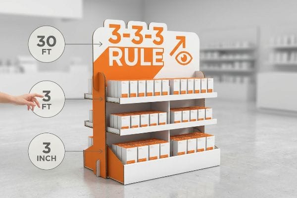 Orange and white corrugated retail display illustrating the 3-3-3 Rule of shopper engagement with 30 Ft, 3 Ft, and 3 Inch visibility measurements.