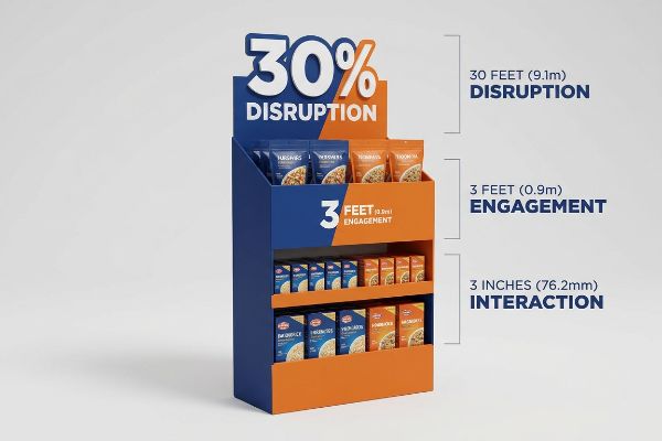 Blue and orange retail display rack demonstrates the 3-3-3 Rule: 30% Disruption, 3 Feet Engagement, 3 Inches Interaction, filled with packaged foods.