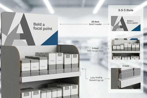 Cardboard retail product display demonstrating the 3-3-3 Rule, featuring a bold header and low profile retaining lip.