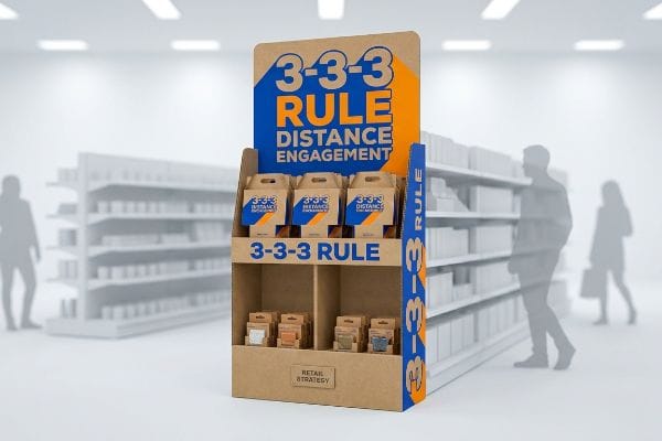 Kraft corrugated display unit, '3-3-3 Rule Distance Engagement' branding, blue and orange packaging in retail aisle.