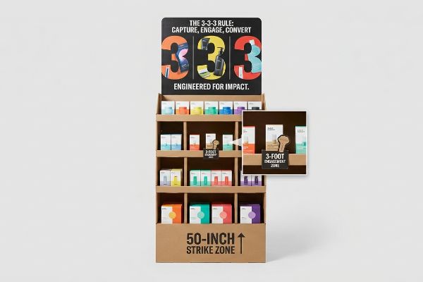 Brown cardboard endcap display, featuring '3-3-3 Rule' header, '50-Inch Strike Zone' base, and '3-Foot Engagement Zone' sign, filled with colorful products.