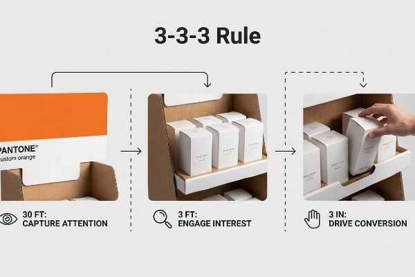 Corrugated cardboard display shows the 3-3-3 Rule: Pantone Custom Orange for 30 FT Capture Attention, white product boxes for 3 FT Engage Interest, and a hand driving 3 IN conversion.