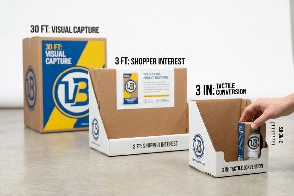 Les présentoirs de vente au détail de VB démontrent la règle 3-3-3 : capture visuelle de 30 pieds, intérêt du consommateur de 3 pieds, conversion tactile de 3 pouces.