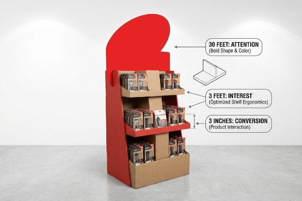 Corrugated cardboard floor display in red and kraft, demonstrating the 3-3-3 Rule in Sales with annotations for 30 Feet: Attention (Bold Shape & Color), 3 Feet: Interest (Optimized Shelf Ergonomics), and 3 Inches: Conversion (Product Interaction).