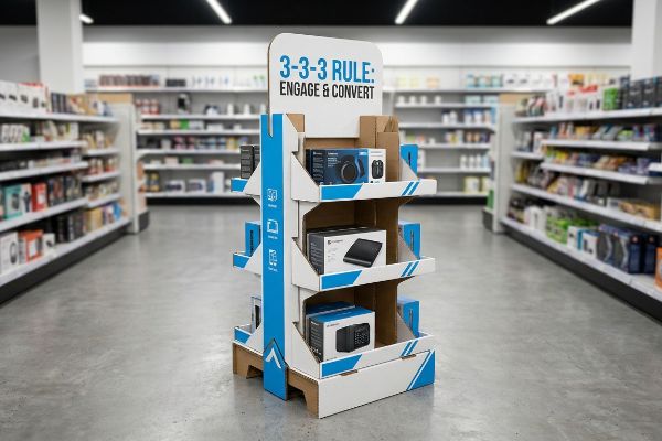 Corrugated cardboard retail floor display with '3-3-3 Rule: Engage & Convert' header, holding boxed electronics like headphones and a mouse.