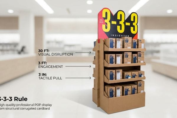 Structural corrugated cardboard POP display illustrating the 3-3-3 Rule for retail engagement, with a '3-3-3 Insighter' header and product boxes.