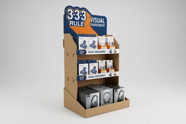 Présentoir en carton ondulé brun avec l'en-tête « Règle 3-3-3 : Engagement visuel », présentant des casques audio et des supports pour téléphones.