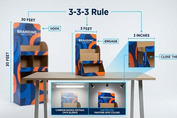 Corrugated cardboard POP displays demonstrate the 3-3-3 Rule, contrasting CMYK Blends with Pantone Spot Colors for Branding visibility.