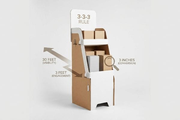 3-3-3 Rule POP Display Corrugated cardboard point-of-purchase display illustrating the 3-3-3 Rule: 30 Feet Visibility, 3 Feet Engagement, 3 Inches Conversion.