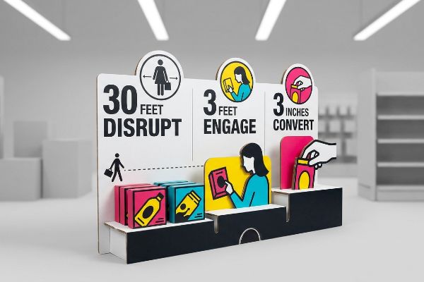 White cardboard point of purchase display model showing the 3-3-3 Rule: 30 Feet Disrupt, 3 Feet Engage, 3 Inches Convert.
