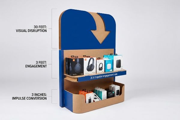 Cardboard POP display demonstrating the 3-3-3 Spatial Engagement Rule with 30 Feet Visual Disruption, 3 Feet Engagement, and 3 Inches Impulse Conversion zones.