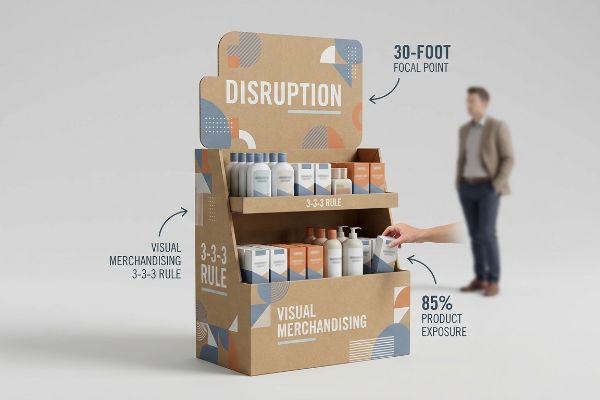 Corrugated retail display demonstrates Visual Merchandising 3-3-3 Rule, with 'Disruption' header, '30-Foot Focal Point', and '85% Product Exposure'.