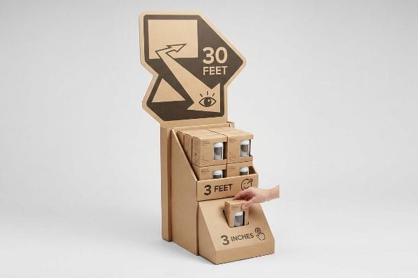 3-3-3 Rule Display Kraft cardboard retail display demonstrating the 3-3-3 rule with zones for 30 Feet, 3 Feet, and 3 Inches, featuring a hand reaching for a product.