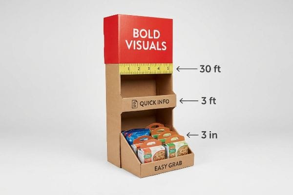 Cardboard retail display demonstrating the 3-3-3 rule with 'Bold Visuals' header, 'Quick Info' tier, and 'Easy Grab' product tray.