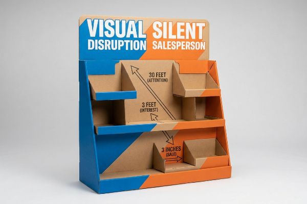 Blue and orange corrugated cardboard display illustrating the 3-3-3 Rule for retail engagement with 'Visual Silent Disruption Salesperson' text, detailing 30 Feet (Attention), 3 Feet (Interest), and 3 Inches (Sale).