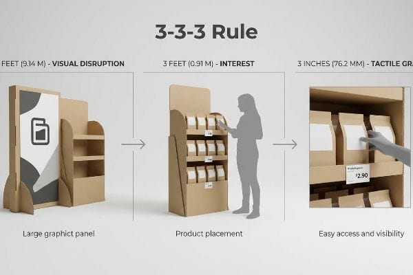 Cardboard retail display demonstrating the 3-3-3 Rule of visual merchandising: 30 Feet (9.14 M) Visual Disruption, 3 Feet (0.91 M) Interest with product placement, and 3 Inches (76.2 MM) Tactile Grab of kraft bags priced at $2.90.