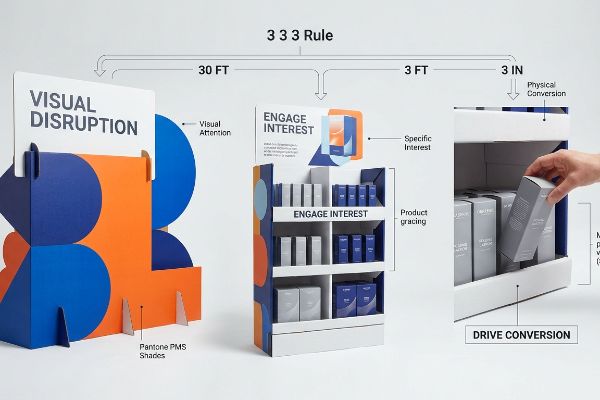 The 3 3 3 Rule infographic details Visual Disruption at 30 FT with Pantone PMS Shades, Engage Interest at 3 FT, and Drive Conversion at 3 IN.