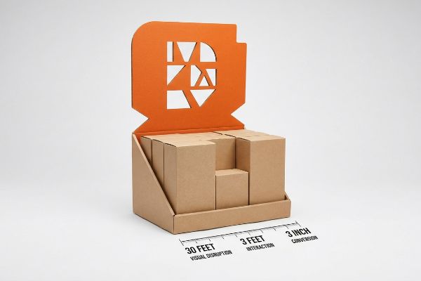 Cardboard display stand, orange die-cut header, 3-3-3 rule: 30 Feet Visual Disruption, 3 Feet Interaction, 3 Inch Conversion.