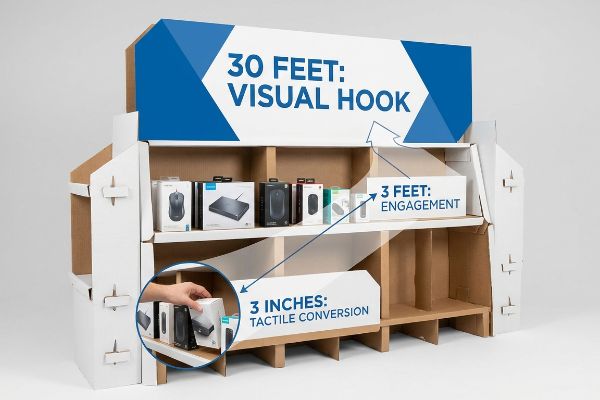 Corrugated cardboard retail display illustrating the 3-3-3 Spatial Engagement Rule with products, showing Visual Hook, Engagement, and Tactile Conversion zones.