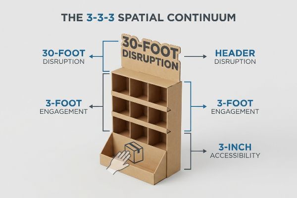 Cardboard retail display illustrating The 3-3-3 Spatial Continuum: 30-Foot Disruption, 3-Foot Engagement, and 3-Inch Accessibility.