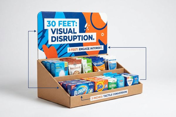 Corrugated cardboard retail display illustrates 3-3-3 Spatial Engagement Continuum, featuring '30 Feet: Visual Disruption,' '3 Feet: Engage Interest,' '3 Inches: Tactile Conversion'.