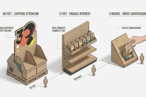 Cardboard retail display infographic details the 3-3-3 Spatial Engagement Continuum, showing High-Contrast Spot Colors, 85% Product Visibility, and Tactile Engagement.