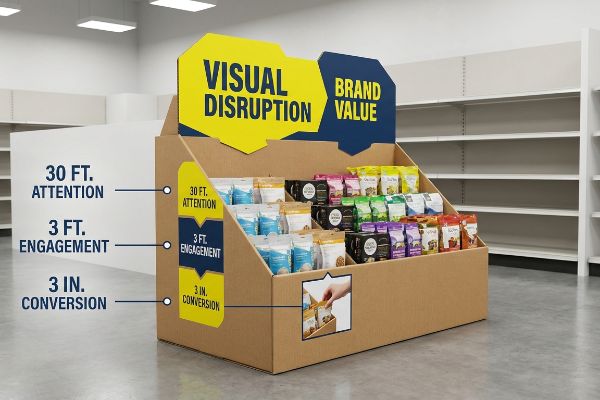 Cardboard floor shipper display with snack pouches, featuring 'Visual Disruption' and 'Brand Value' header, illustrating '30 Ft. Attention, 3 Ft. Engagement, 3 In. Conversion'.