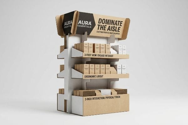 Custom printed cardboard Aura Essentials soap display, featuring 'Dominate The Aisle' header and 3-3-3 engagement.